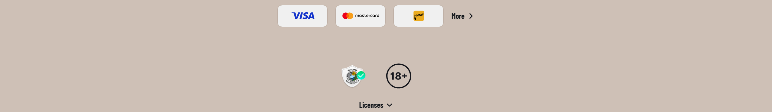 Casino footer with Visa, Mastercard, and Maestro payment icons, an 18+ age restriction badge, a certification shield, a “Licenses” dropdown, and a “More” link on a light background.