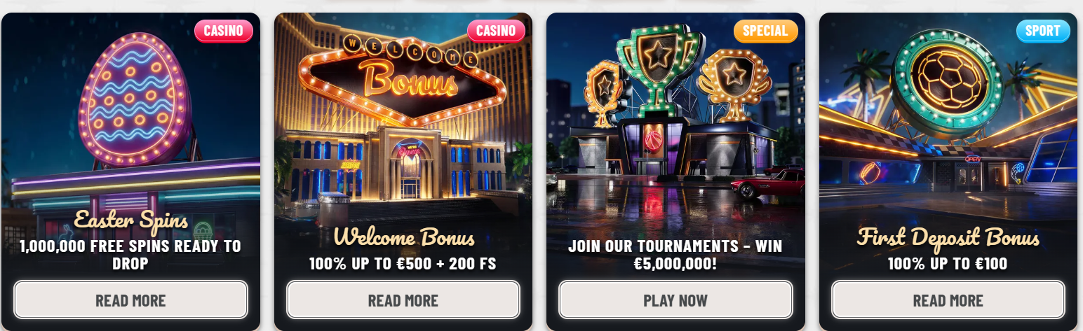 Promotional cards showcasing Easter spins, a welcome bonus up to €500 + 200 free spins, a €5,000,000 tournament, and a first deposit bonus up to €100, each with clear call-to-action buttons.