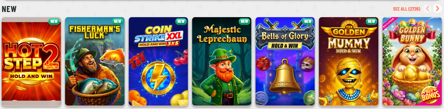 Carousel of newly released slot games including Hot Step 2, Fisherman’s Luck, Coin Strike XXL, Majestic Leprechaun, Bells of Glory, Golden Mummy, and Golden Bunny, each marked with a “New” label.