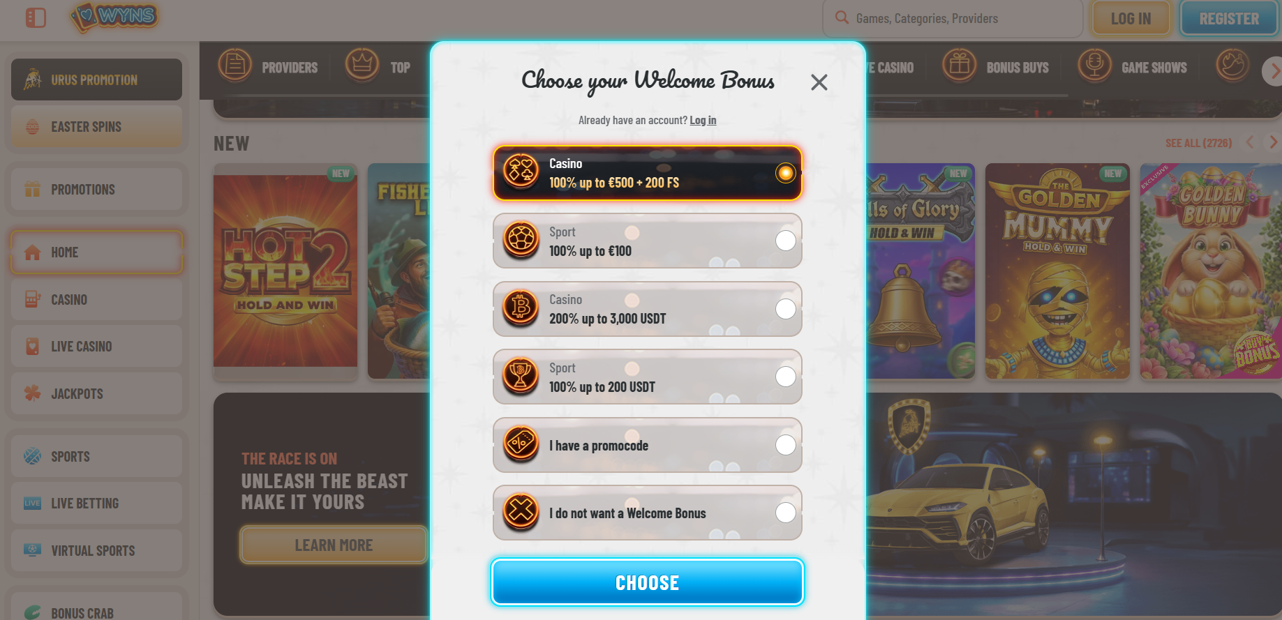 Overlay modal titled “Choose your Welcome Bonus” with multiple selectable offers (casino, sport, crypto, promo code, or no bonus), highlighting the €500 + 200 free spins option and a blue “Choose” button.